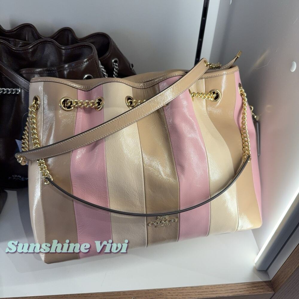 NWT Coach Evelyn Shoulder Bag With Striped Patchwork CDW41 Gold/Taupe Multi